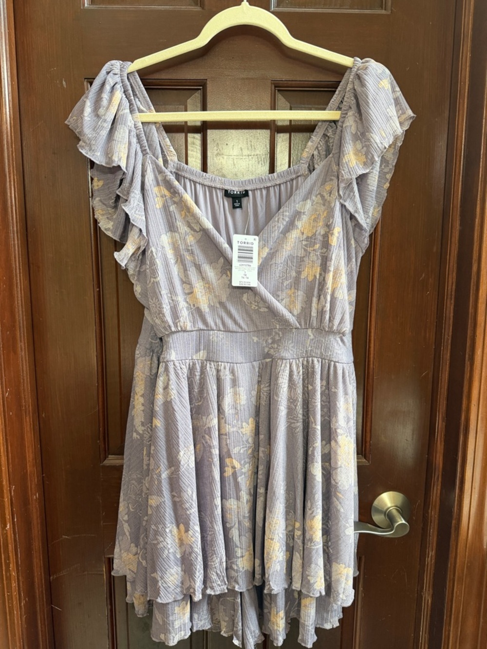 torrid Lavender Floral Ruffle romper with Yellow Accents